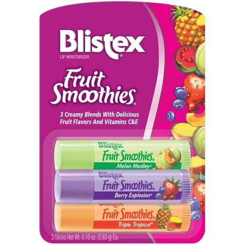 Blistex Lip Moisturizer Fruit Smoothies, 3 Creamy Blends, Melon Medley, Berry Explosion, Triple Tropical, 0.10 oz Each (Pack of 5)