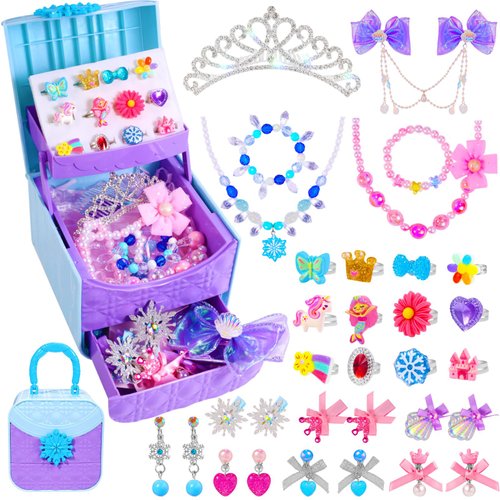 Pinksheep Princess Dress Up for Little Girls Frozen Toys: Kids Jewelry for Girls, Toddle Crystal Tiara Jewelry Ring Necklace Bracelets Earring Hair Clip Jewelry Box, Pretend Toys Gift for Age 3-7