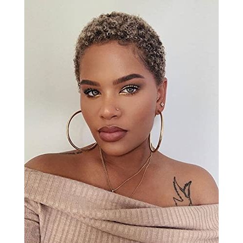 Qingcheng Afro Curly Wig Ombre Brown Hair Wig Synthetic Curly Wigs for Black Women Short Pixie Cu...