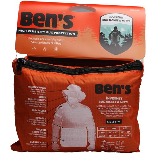 Ben's InvisiNet Bug Jacket & Mitts - Durable & Comfortable Insect Protection for Outdoor Activities - Fine Mesh Bug Net with High-Visibility - S/M