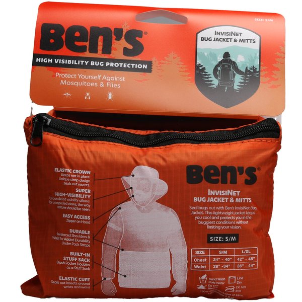 Ben's InvisiNet Bug Jacket & Mitts - Durable & Comfortable Insect Protection for Outdoor Activities - Fine Mesh Bug Net with High-Visibility - S/M
