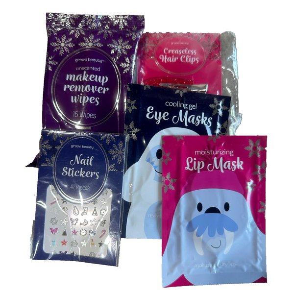 Generic Groovy Post Makeup Self Care Kit Including Makeup Remover Wipes, Eye Masks, Lip Mask, Hair Clips, Nail Stickers