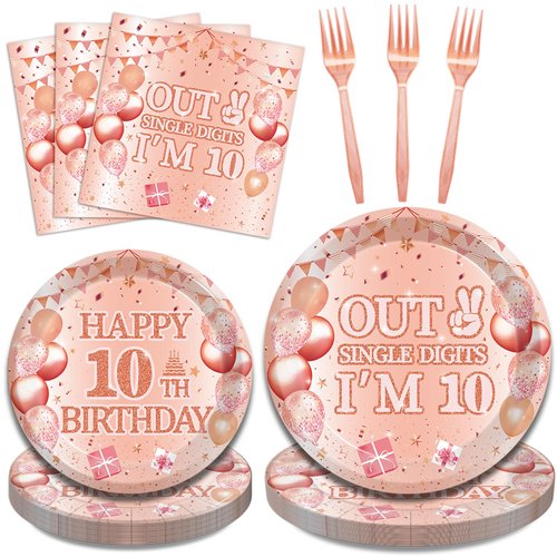 96Pcs 10th Birthday Party Tableware Set, Rose Gold Double Digits Birthday Party Decorations Supplies for Girls Her Pink 10 Years Old Birthday Party Dessert Plates Napkins Favors, Serve 24