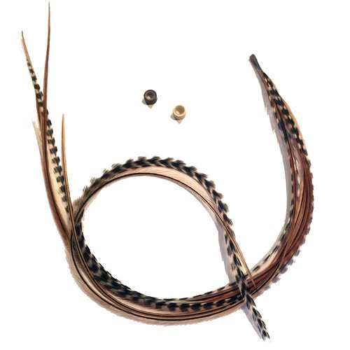 &quot;Feather Hair Extensions in Grizzly/Ginger with Browns and Beige - Bonded Set of 5 Feathers - 5-7...