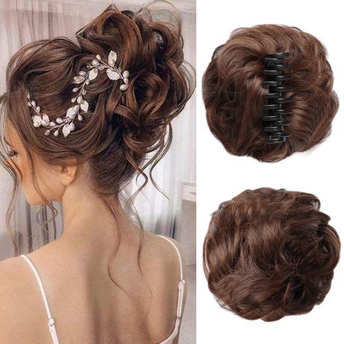 Claw Clip Messy Bun Hair Piece Curly Wavy Faux Hair Bun Extensions Synthetic Chignon Tousled Updo Hair Scrunchie Claw Clip Ponytail Hairpieces for Women（#Black Mix Medium Brown）