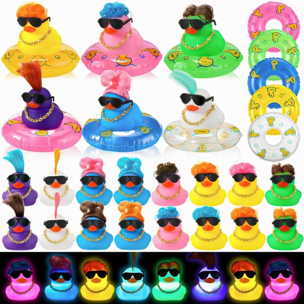HyDren 24 Pcs Light Up Rubber Ducks Bulk Small Cute Ducks Operation Christmas Ducks Bath with Wig Up Funny Shower Ducks for Boys Girls Birthday Holiday Pool Party Favors