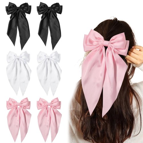 Gute 6 PCS Hair Bows for Women,Satin Big Hair Bow Clips,French Long Tail Hair Bows for Girls Hair Accessories for Birthday,Dress Up,Christmas(Black,White,Pink)