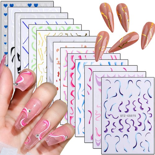 French Nail Art Stickers 3D Self-Adhesive Nail Decals Design, Colorful Wavy Line Heart Nail Decoration Holographic Elegant Chains Nail Sticker, Women Girls Manicure Tips Supplies Nail Decal(14 Sheets)