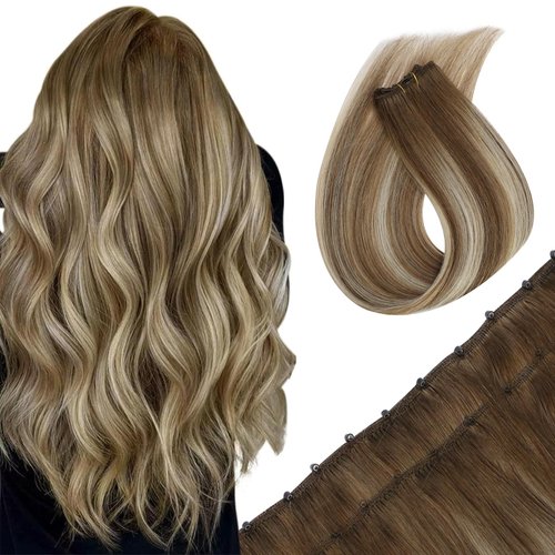 Sunny Hair Beaded Weft Hair Extensions Human Hair 50G Micro Bead Weft Hair Extensions Real Human Hair Straight Weft Hair Extensions with Micro Beads Easy Weft Medium Brown with Blonde 14 inch