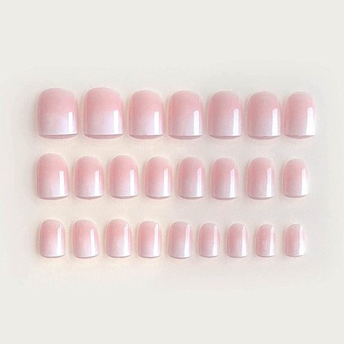 YoYoee Short Press on Nails Square False Nails Cute Pink Gradiet Fake Nails Acrylics Full Cover Nails Tips for Women and Girls 24PCS