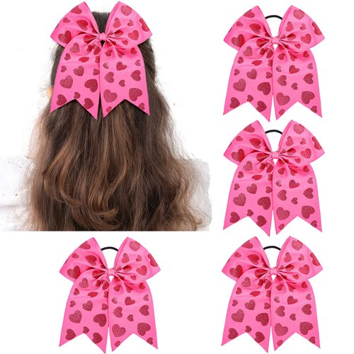 Whaline 4Pcs Valentine's Day Cheer Hair Bow Ponytail Holder Grosgrain Ribbon Rose Red Bow Elastic Hair Ties Glitter Heart Prints Cheerleader Hair Ponytail Holders for Women Girls Hair Accessories