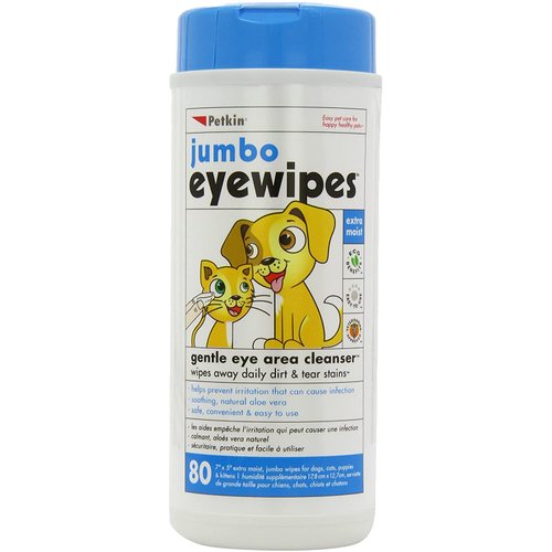 Petkin Jumbo Pet Eye Wipes, 80 Extra Moist Wipes - Gentle Eye Cleansing Wipes Remove Dirt, Discharge, & Tear Stains - Safe, Convenient, & Easy to Use Pet Wipes for Dogs, Cats, Puppies & Kittens