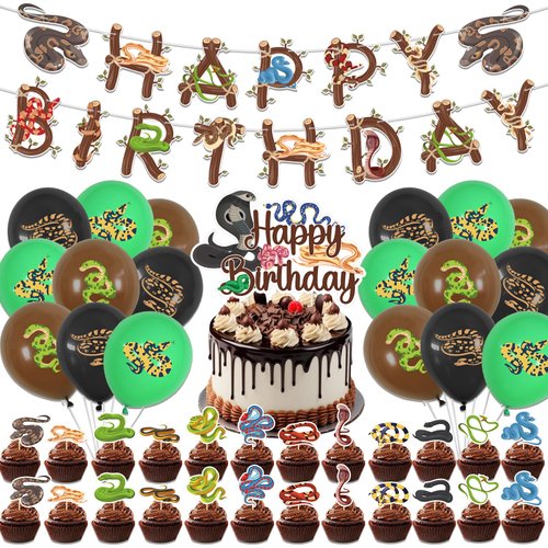 44 Pcs Snake Birthday Party Supplies Includes Snake Happy Birthday Banner, Cake Topper, Cupcake Toppers, Balloons, Reptile Snake Theme Party for Kids Teens Fans Birthday Party Decorations