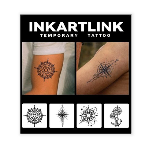 INKARTLINK Tattoo Tech, 4 Sheets Semi Permanent Tattoo, Adult Art Design Temporary Tattoos, Lasts 1-2 Weeks, Waterproof, Realistic Look, No Adhesive, No Reflection (Compass Design)