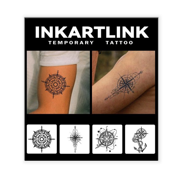 INKARTLINK Tattoo Tech, 4 Sheets Semi Permanent Tattoo, Adult Art Design Temporary Tattoos, Lasts 1-2 Weeks, Waterproof, Realistic Look, No Adhesive, No Reflection (Compass Design)