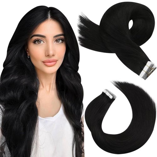 Moresoo Tape in Extensions Black Human Hair Extensions Tape in Natural Black Tape in Hair Extensions Real Human Hair Tape in Remy Extensions Black Real Hair Extensions 24 Inch #1B 20pcs 50g