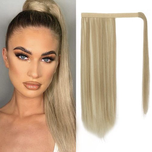 BARSDAR 18'' Straight Ponytail Extension, Long Straight Wrap Around Synthetic Clip in Ponytail Hair Extensions Hairpieces for Women Girls Daily Party Halloween- Light Ash Blonde Mixed