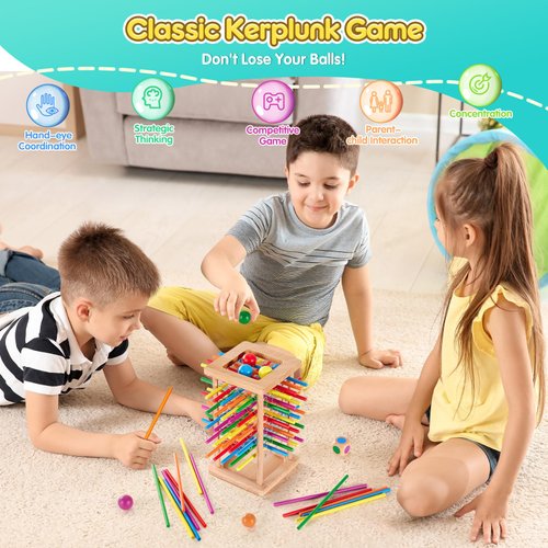 Montessori Game Wooden Board Game, 48 Colorful Sticks Dice Game for 3 4 5 6 Year Old, Kerplunk Game for Kids Math Educational Toys for 3 Years Old, Fine Motor Skills Game Family Travel Game Gifts