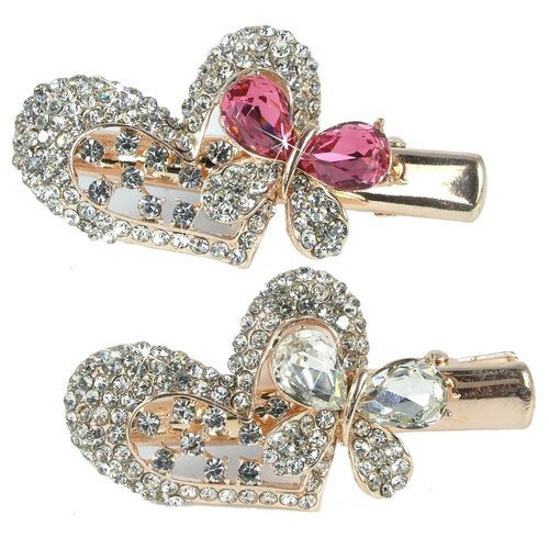 Exquisite Jeweled Heart &amp; Butterfly Hair Clips: Pink &amp; Clear Rhinestone Crystals, Gold Metal Clas...