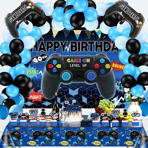 Video Game Party Supplies Set: Decorations with Happy Birthday Gaming Backdrop, Game Table Covers, Cake Topper, Foil Gamer Balloons, Multi-Color Balloons. Perfect for Game Party!