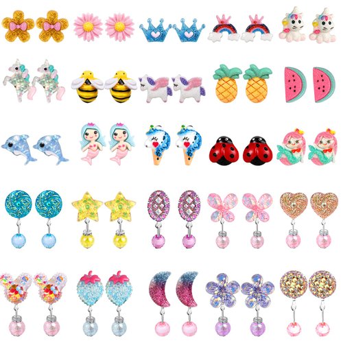 DEVIENG Kids Clip On Earrings for Girls, 25 Pairs Hypoallergenic Clips Earrings Sets Suitable for Ages 4-12 Little Girls Cute Small Clips On Earrings Jewelry Gifts Set