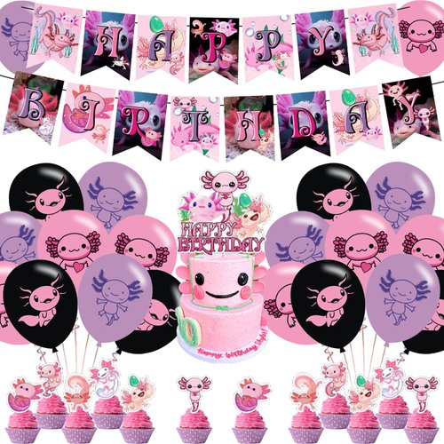 Axolotl Birthday Party Decoration, Pink Cartoon Axolotl Include Kawaii Cartoon Theme Birthday Banner, Cake Topper, Latex Balloons for Kids Birthday Party Supplies, Baby Shower