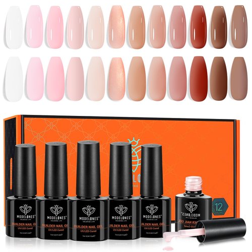 modelones Builder Nail Gel, 12 Colors Jelly Nude Pink Brown Gel Builder for Nails, Builder Nail Gel Polish Color Base Nail Strengthener LED Nail Lamp Cured Hard Gel Extension Gel, Gift for Women