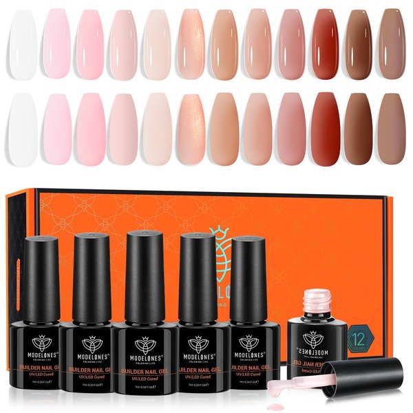 modelones Builder Nail Gel, 12 Colors Jelly Nude Pink Brown Gel Builder for Nails, Builder Nail Gel Polish Color Base Nail Strengthener LED Nail Lamp Cured Hard Gel Extension Gel, Gift for Women