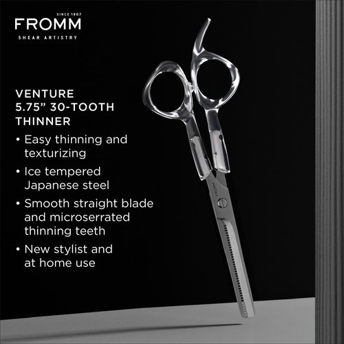 Fromm Professional Venture 5.75" 30-Tooth Easy Hair Thinning & Texturizing Shears in Clear & Matte Silver Japanese Steel Scissors with Beveled Blade for New Salon Stylist & DIY Home Use