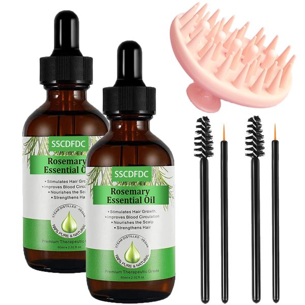 2 Pack Rosemary Essential Oil for Hair Growth, Lash & Brow Enhancement, Skin Care, Reducing Hair Loss, and Treatment for Split Ends & Dry Scalp - with Scalp Massager
