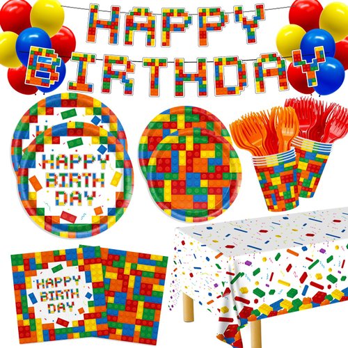 Building Block Birthday Party Supplies, 140pcs Colorful Building Block Paper Plates Napkins Cups Tablecloth Banner Forks for Boys, Kid’s Birthday Party Decorations Serve 24
