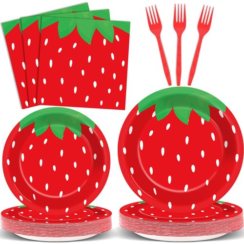 96 PCS Strawberry Tableware Sets Party Decorations for Birthday Spring Summer Strawberry Paper Plates Napkins Forks Fruit Party Supplies for Baby shower Strawberry Decor for Kids Girls for 24 Guests