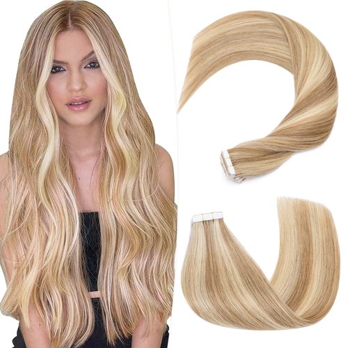 Hairro Tape In Human hair Extension Skin Weft Real Hair Extensions Glue In Remy Hairpieces Adhensive Rooted Tape In Strong Double Sided Tape On Hair Pieces For Women 14 inch 50g 20pcs #12P613