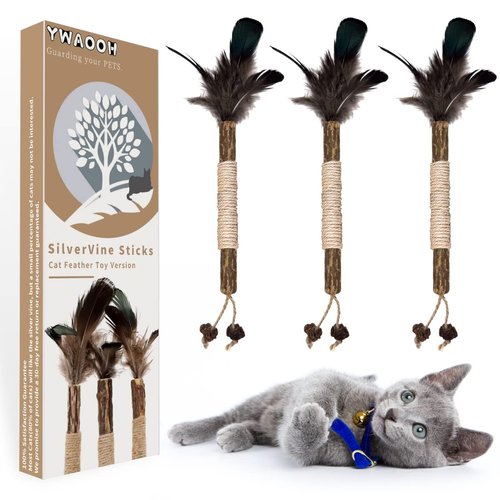 YWAOOH Cat Toys, 3 PCS Natural Silvervine Sticks with Feather, Interactive Cat Toy, Cat Chew Toys for Cat Dental Care, Matatabi Kitten Teething Toys, Cat Feather Toys - Relieve Cat Anxiety and Stress