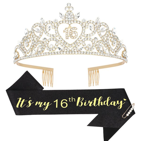 Araluky Sweet 16 Birthday Decorations for Girls with Sweet 16 Sash and Tiara, Sweet 16 Party Decorations 16th Birthday Sash and Crown Set Sweet 16 Gifts for Girls