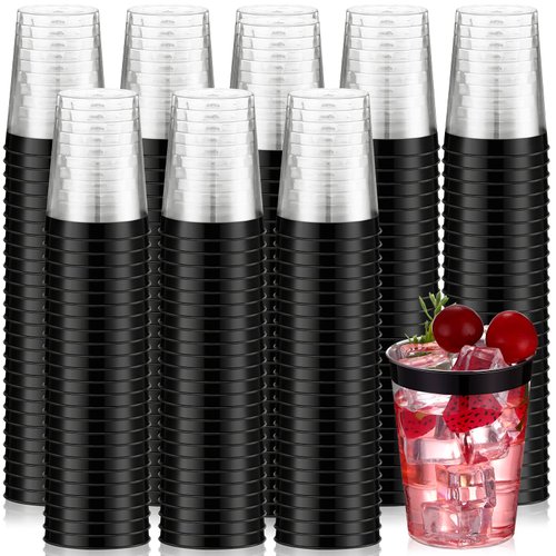 Tanlade 200 Pcs Black Plastic Cups 10oz Clear Plastic Tumblers Rimmed Plastic Cups Fancy Disposable Cups Elegant Cups for Wedding, Thanksgiving Day, Christmas, Drinking(Black Rim)