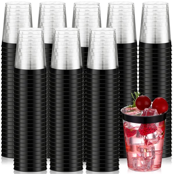 Tanlade 200 Pcs Black Plastic Cups 10oz Clear Plastic Tumblers Rimmed Plastic Cups Fancy Disposable Cups Elegant Cups for Wedding, Thanksgiving Day, Christmas, Drinking(Black Rim)