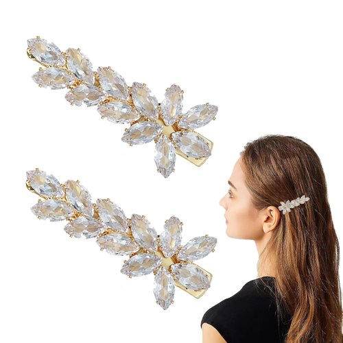 2Pcs Sparkly Crystal Hair Clips, Rhinestones Duckbill Alligator Hair Pins, Handmade Hair Barrettes, Elegant Gold Metal Bobby Hairpin Hair Accessories Headwear Styling Tools, Gifts for Women Girls