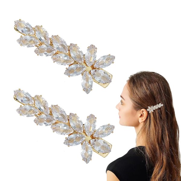 2Pcs Sparkly Crystal Hair Clips, Rhinestones Duckbill Alligator Hair Pins, Handmade Hair Barrettes, Elegant Gold Metal Bobby Hairpin Hair Accessories Headwear Styling Tools, Gifts for Women Girls