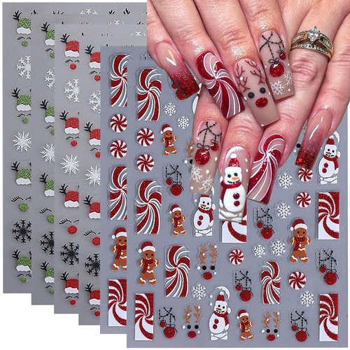 Christmas Nail Art Stickers Decals,3D Glitter Christmas Nail Stickers for Nail Art,6PCS Snowflake Elk Gingerbread Man Candy Xmas Nails Design Winter Nail Decals for DIY Manicure Nail Art Decorations