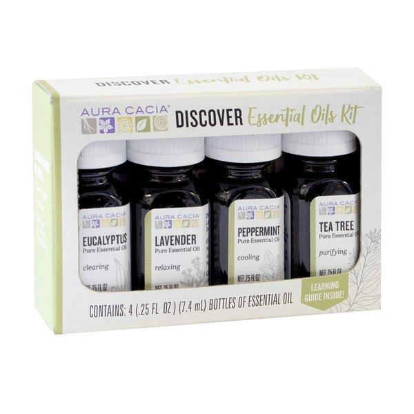 Aura Cacia Discover Essential Oils Kit, 4-Pack, Lavender, Eucalyptus, Peppermint & Tea Tree Oils, Excellent Starter Set