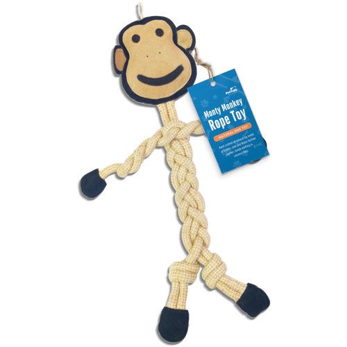 PetYupp Natural Cotton & Jute with Genuine Leather Rope Dog Chew Toy - 16" Long - Interactive Dog Toy for Teething Puppies, Small, & Medium Size Dogs, Promote Dental Health (Monty Monkey)