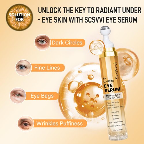 Scosvvi Caffeine Eye Serum For Dark Circles, Eye Cream For Anti Aging, Puffiness & Fine Lines With Ice Roller for Puffy Eyes & Under Eye Bags, Eye Skin Care For Women & Men