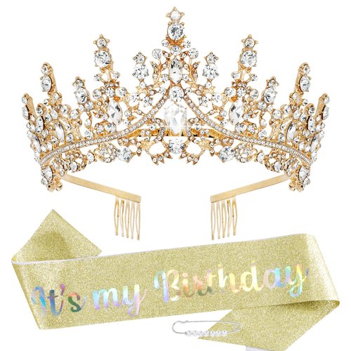 TOBATOBA It's My Birthday Sash Birthday Tiara and Crown for Women Girls Gold Glitter Birthday Sash Crystal Princess Tiara Queen Crown Quinceanera Crown Birthday Decoration Birthday Gift