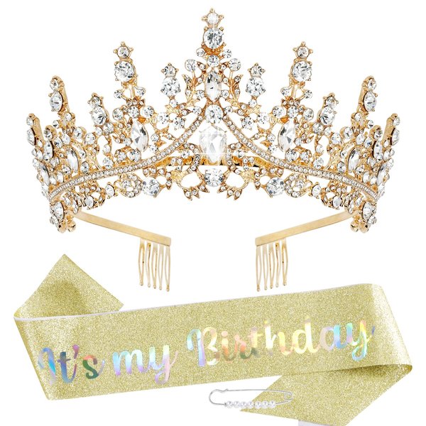 TOBATOBA It's My Birthday Sash Birthday Tiara and Crown for Women Girls Gold Glitter Birthday Sash Crystal Princess Tiara Queen Crown Quinceanera Crown Birthday Decoration Birthday Gift