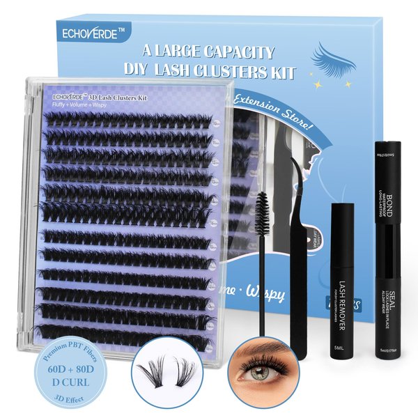EchoVerde DIY Extension Kit Fluffy 60D 80D 3D Lashes, 10-16mm Length Individual Lashes, Easy to Use with 2-in-1 Glue,Lash Comb, Tweezers, and Lash Remover Volume Lash Clusters(144pcs,D Curl 0.07D)