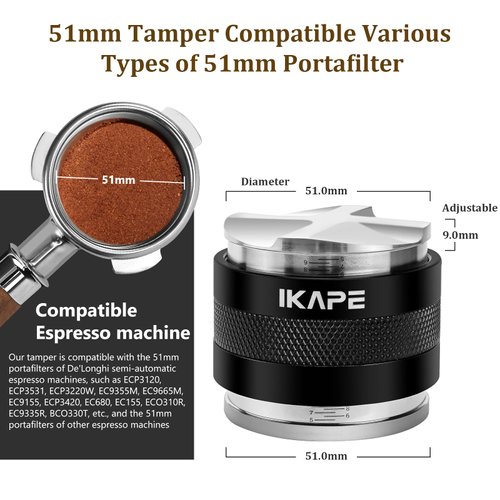 IKAPE Coffee Products, 51mm Coffee Distributor & Hand Tamper, Adjustable Depth Espresso Distributor Fits All 51mm Espresso Portafilter, Compatible with Delonghi Bottomless Portafilter (Black)
