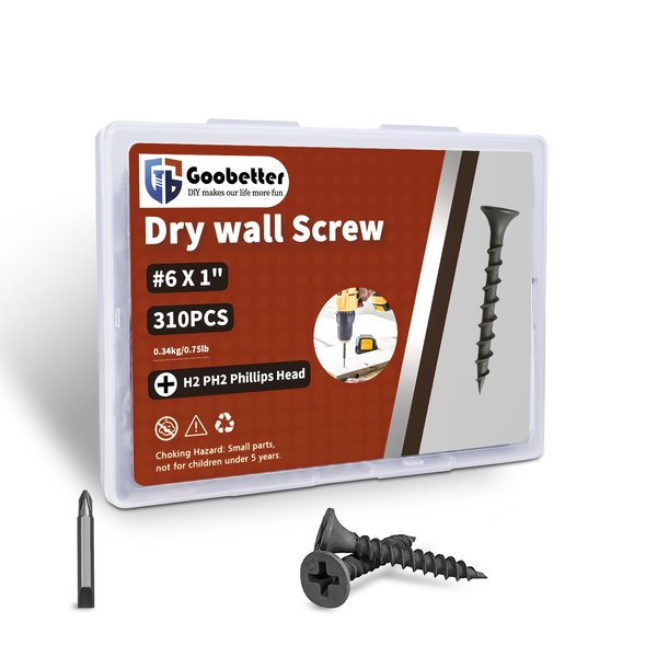 GARGENTOL 310pcs #6 x 1 Drywall Screws, Phillips Drive, Black Phosphate Coated, High Strength Carbon Steel, Ideal for Drywall, Wood, and More