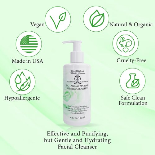 Florencia Botanical Marine Gentle Cleanser. Non-Foaming, Soap-Free, Oil Free, Deep Cleansing, Hydrating Face Wash w/Marine Algae & Organic Botanicals. Sensitive, Dry to Normal Skin. 6 fl. Oz