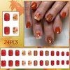 Fall Maple Leaf Press on Nails Short Square Fake Nails Maple Leaves with Gold Glitter Design Thanksgiving Maple Leaves False Nails Nude Autumn Stick on Nails Holiday Artificial Acrylic Nails for Women
